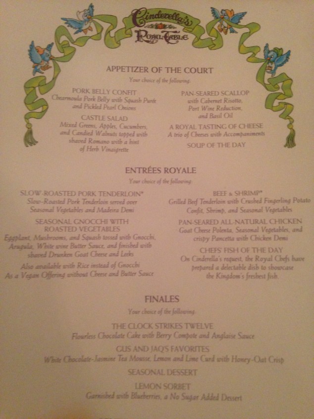 The Menu at Cinderella's Royal Table